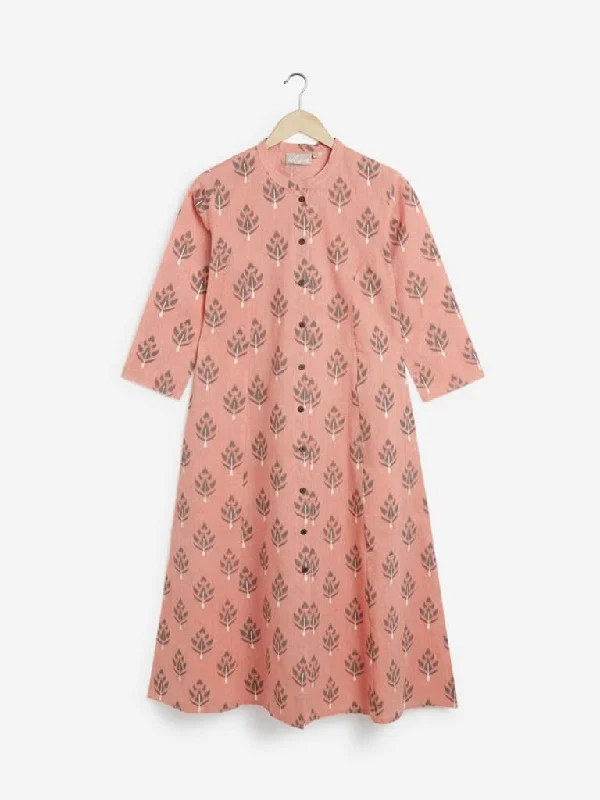 Utsa Peach Ethnic Printed A-Line Kurta