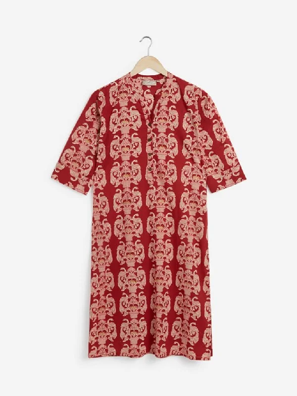 Utsa Red Peacock Print Straight Kurta