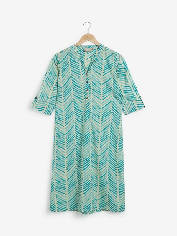 Utsa Turquoise Chevron Pattern Straight Kurta