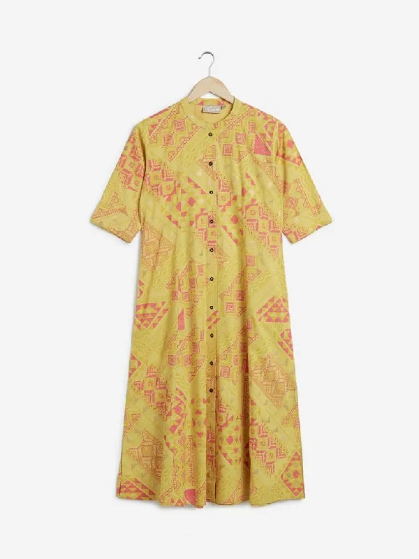 Utsa Yellow Aztec Print A-line Kurta