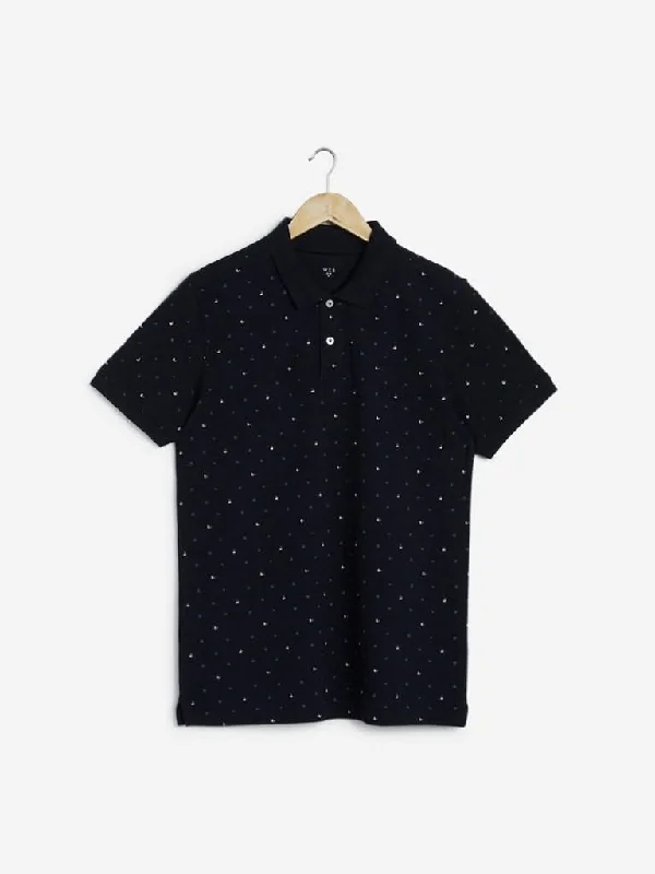WES Casuals Navy Printed Slim Fit Polo T-Shirt