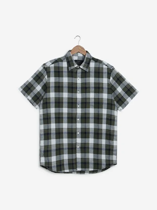 WES Casuals Olive Checkered Relaxed Fit Shirt
