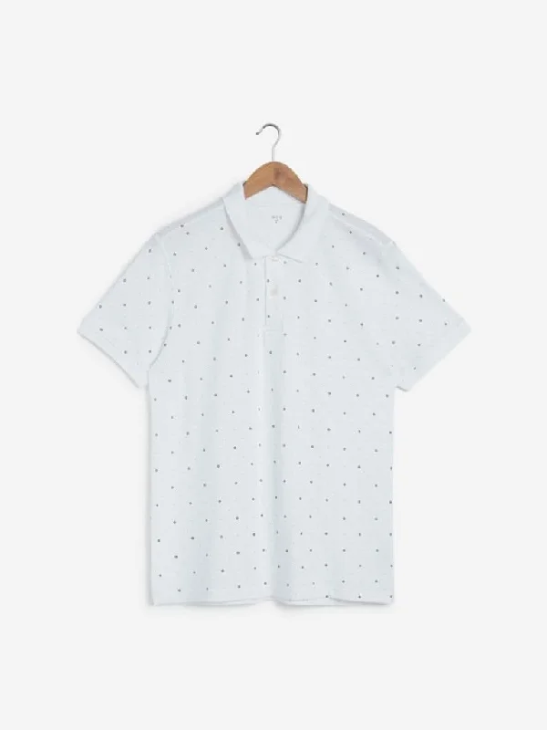 WES Casuals White Printed Slim Fit Polo T-Shirt