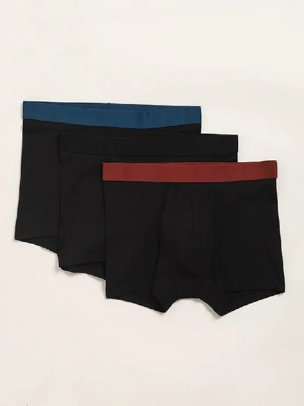 WES Lounge Black Cotton Blend Relaxed Fit Trunks - Pack of 3
