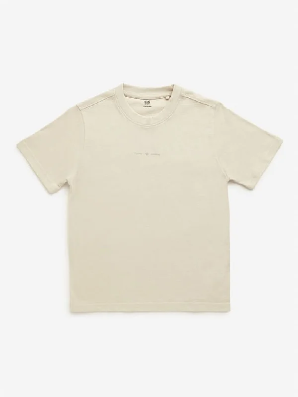 Y&F Kids Beige Text Printed T-Shirt