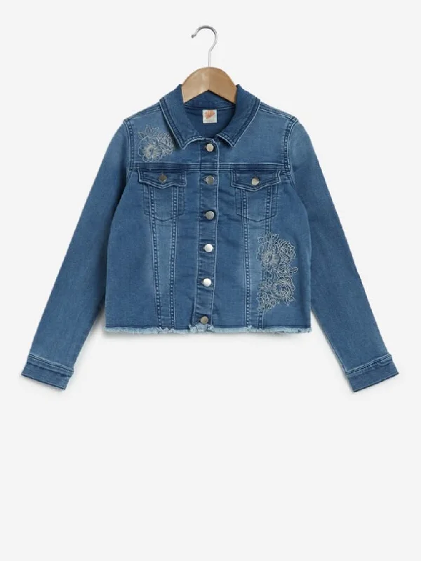 Y&F Kids Blue Floral Embroidered Denim Jacket
