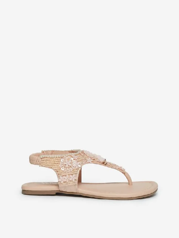 Yellow Peach Floral Sequinned Sandals