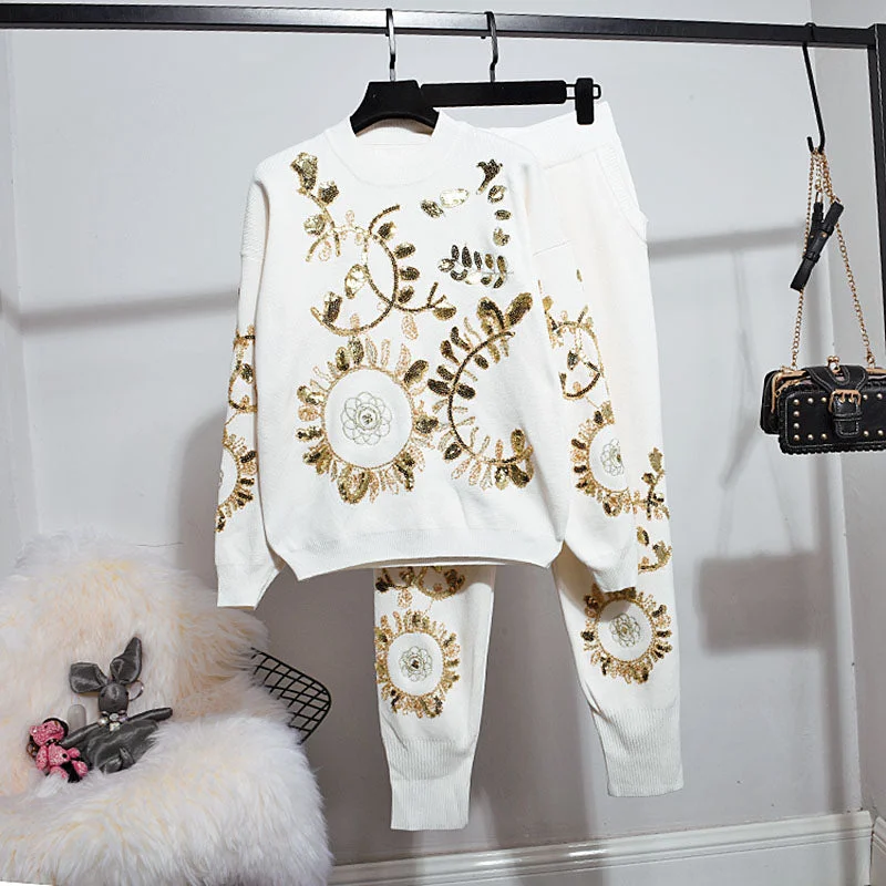 Organic Cotton Bodysuits for an Eco - Friendly and Comfortable OptionSequined Embroidery Pullover Sweater and Knitted Pants Set