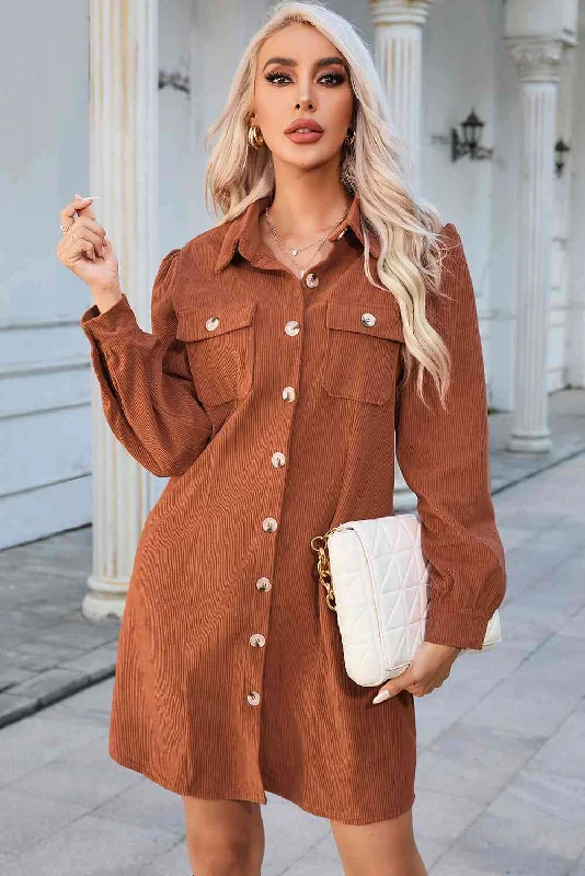 Button - Front Bodysuits with a Classic and Timeless AppealButton Down Puff Sleeve Dress