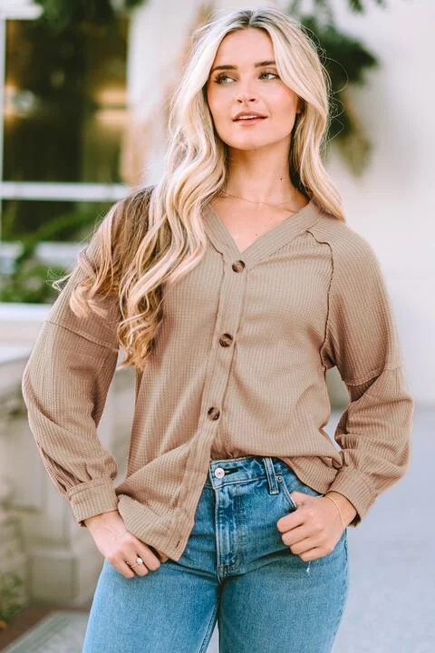Metallic Bodysuits for a Glitzy and Glamorous Night OutButton Down V-Neck Waffle Knit Shirt