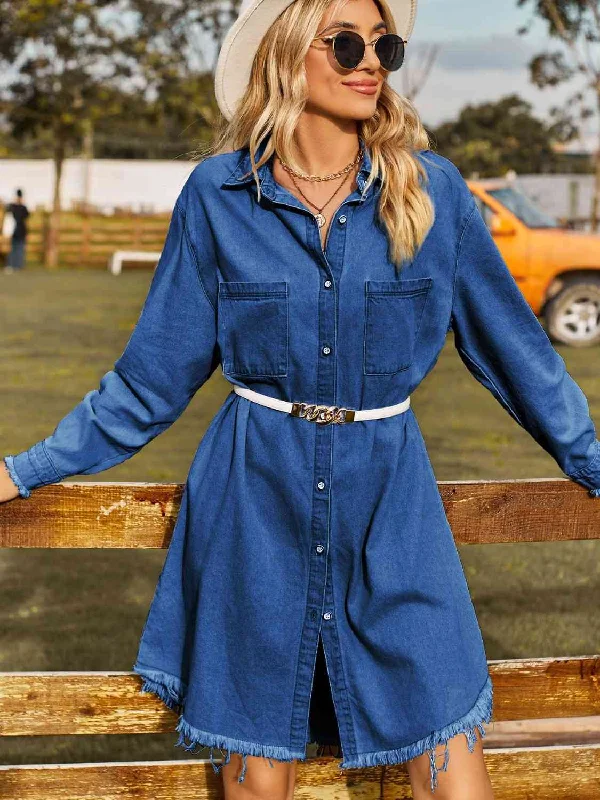 Printed Bodysuits with Floral Patterns for a Feminine VibeButton Up Collared Neck Raw Hem Denim Dress