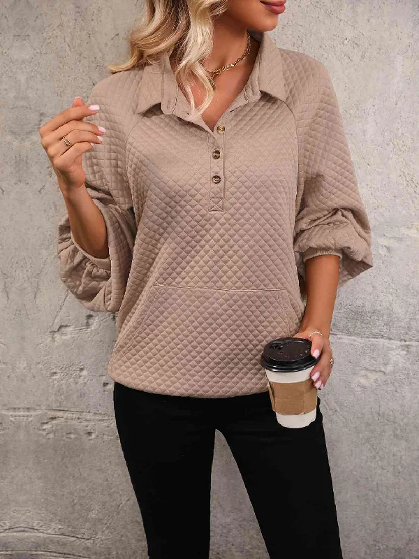 Long - Sleeve Bodysuits for Cold Weather LayeringCollared Neck Buttoned Sweatshirt with Pocket
