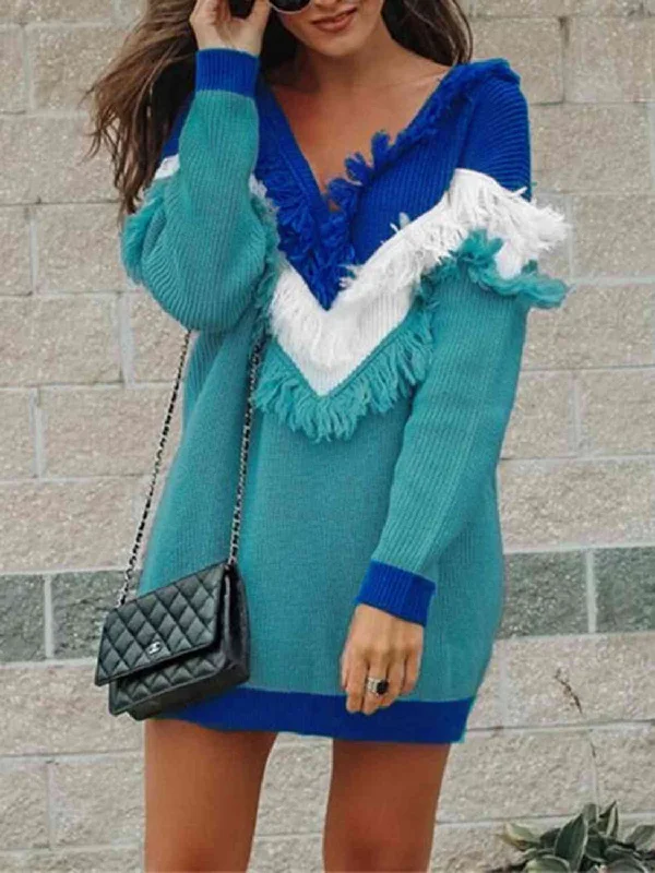 Mesh Bodysuits for a Bold and Edgy Fashion StatementColor Block Fringed V-Neck Sweater