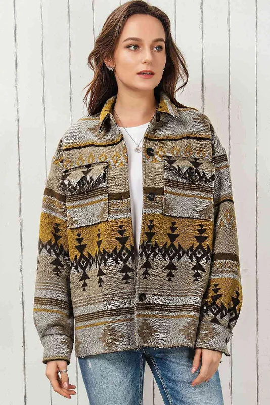 Long - Sleeve Bodysuits for Cold Weather LayeringGeometric Collared Drop Shoulder Jacket