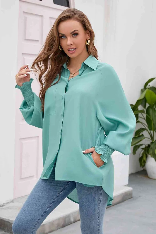 Cut - Out Bodysuits for a Trendy and Fashion - Forward StyleHigh-Low Collared Neck Lantern Sleeve Shirt