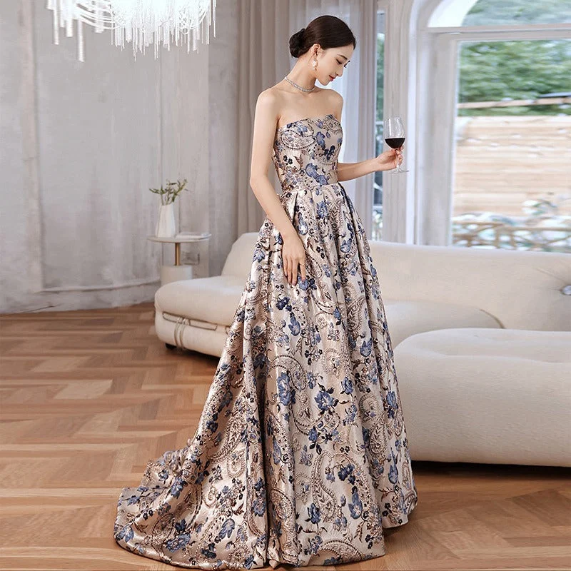 Jacquard Print Strapless Evening Dress