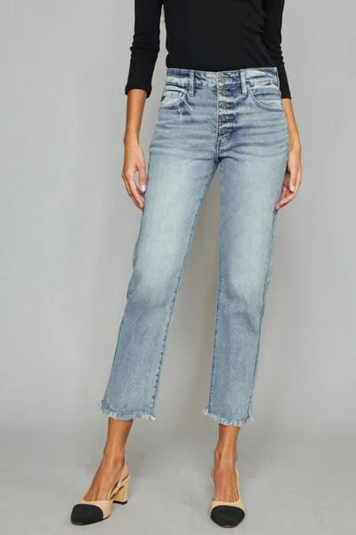 Kancan High Waist Button Fly Raw Hem Cropped Straight Jeans