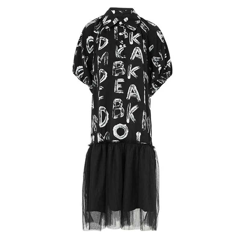Neon Bodysuits to Stand Out at PartiesLetter Print Mesh Patchwork Short Sleeve Midi Dress
