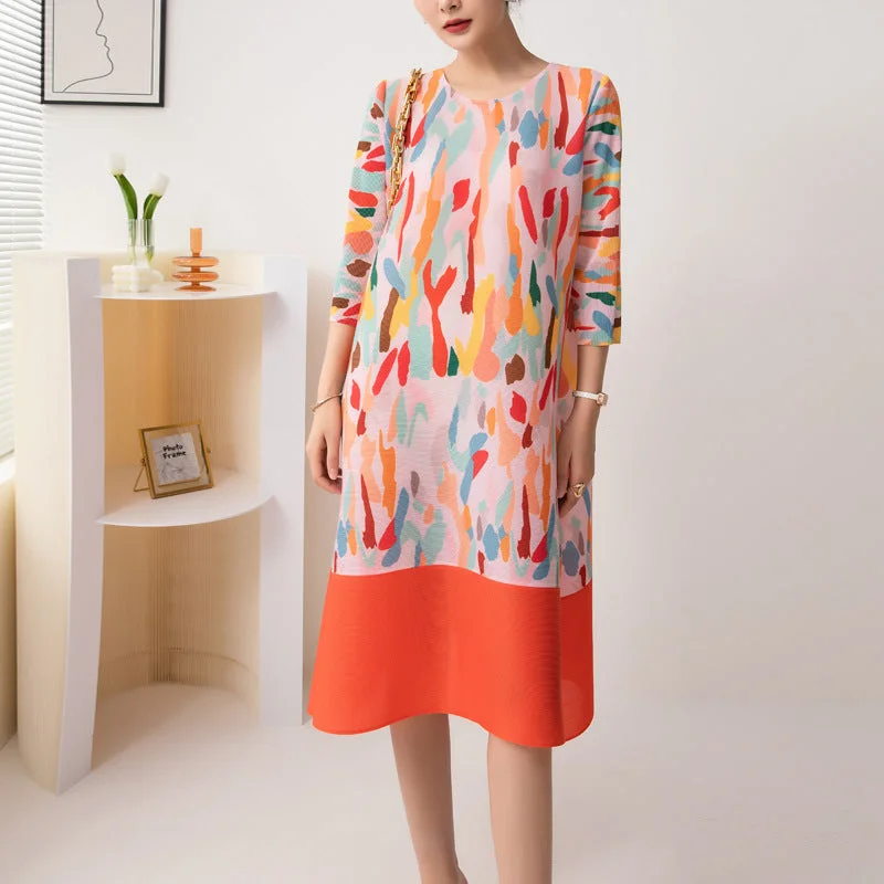 Convertible Straps Bodysuits for Multiple Styling OptionsMiyake Pleated Abstract Print Round Neck Midi Dress