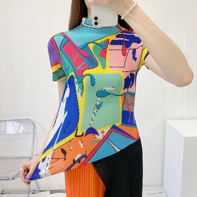 Plus - Size Bodysuits with a Comfortable and Flattering FitMiyake Pleated Abstract Print Short Sleeve Top
