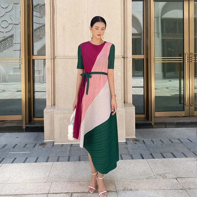 Cut - Out Bodysuits for a Trendy and Fashion - Forward StyleMiyake Pleated Color Block Asymmetric Midi Dress