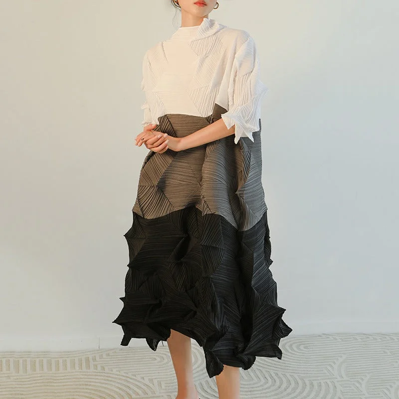 High - Neck Bodysuits for a Modest and Sophisticated LookMiyake Pleated Color Block Fold Midi Dress
