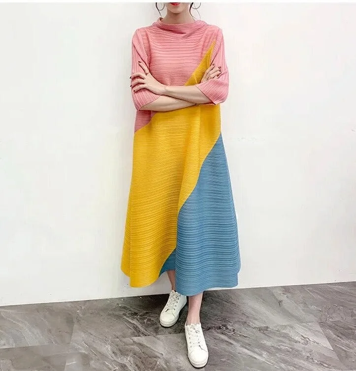 Metallic Bodysuits for a Glitzy and Glamorous Night OutMiyake Pleated Color Block Midi Dress