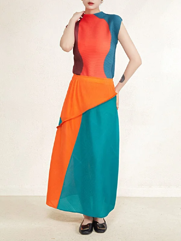 High - Neck Bodysuits for a Modest and Sophisticated LookMiyake Pleated Contrast Sleeveless Top and Patchwork Skirt Set