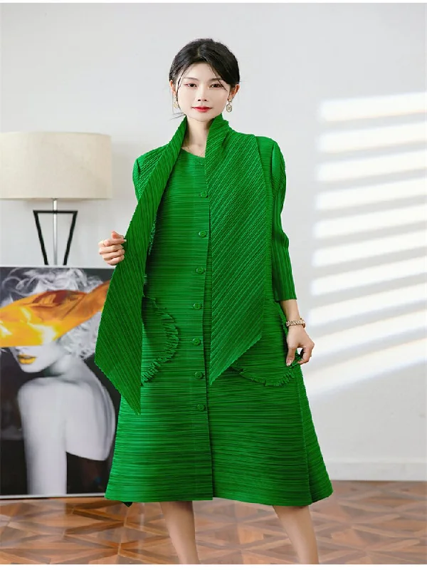 Mesh Bodysuits for a Bold and Edgy Fashion StatementMiyake Pleated Fringe Pocket Midi Dress with Scarf