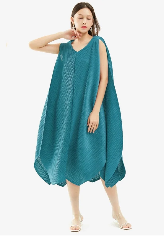 High - Neck Bodysuits for a Modest and Sophisticated LookMiyake Pleated Irregular Hem Sleeveless Midi Dress