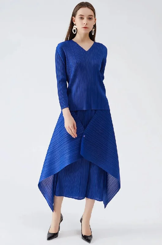 High - Neck Bodysuits for a Modest and Sophisticated LookMiyake Pleated Long Sleeve Top and Irregular Hem Skirt Set