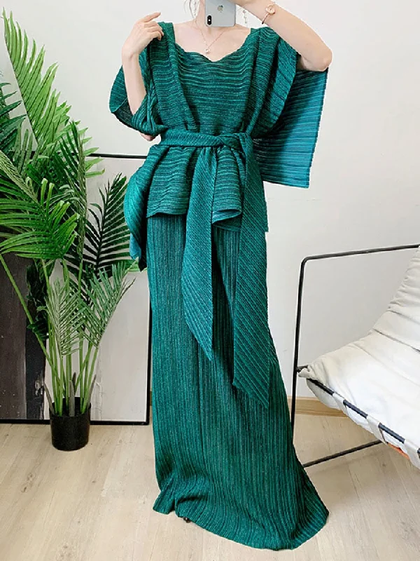 Seamless Bodysuits for a Smooth Underwear LookMiyake Pleated Top and Long Skirt Set with Sash