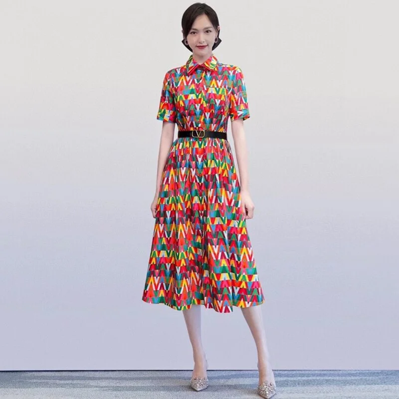 Organic Cotton Bodysuits for an Eco - Friendly and Comfortable OptionMulticolor Printed Short Sleeve A-Line Midi Dress