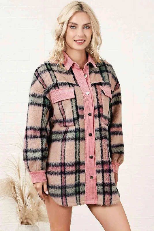 Button - Front Bodysuits with a Classic and Timeless AppealPlaid Button Down Drop Shoulder Jacket