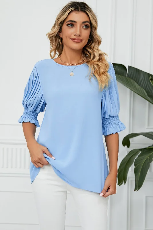 Pleated Flounce Sleeve Keyhole Blouse