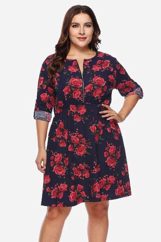 Printed Bodysuits with Floral Patterns for a Feminine VibePlus Size Floral Print Half Zip Up Dress