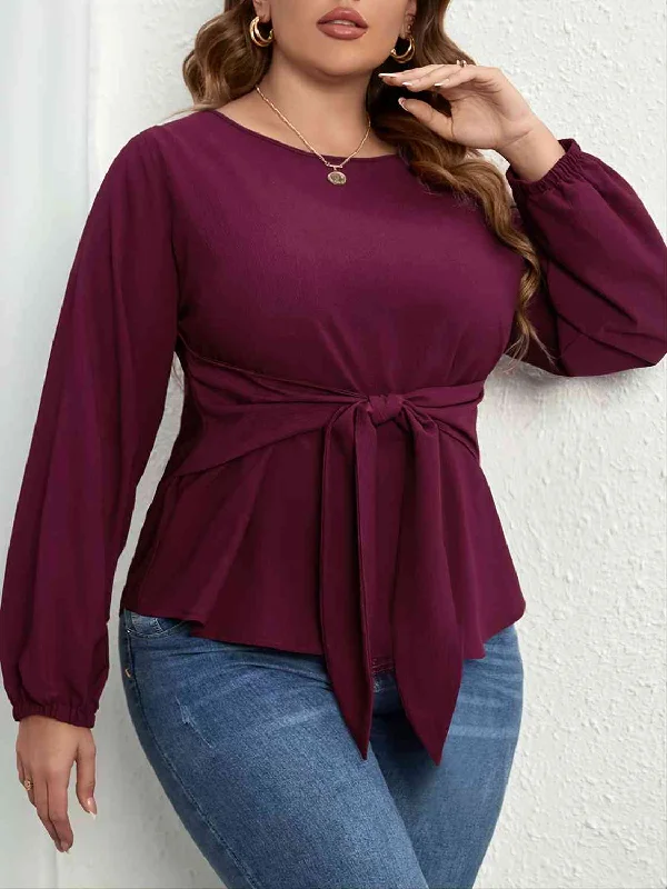 Thermal Bodysuits for Extra Warmth in WinterPlus Size Tie Front Long Sleeve Blouse