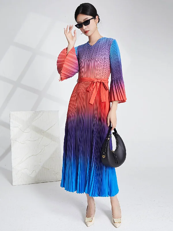 Long - Sleeve Bodysuits for Cold Weather LayeringMiyake Pleated Gradient V-Neck Midi Dress