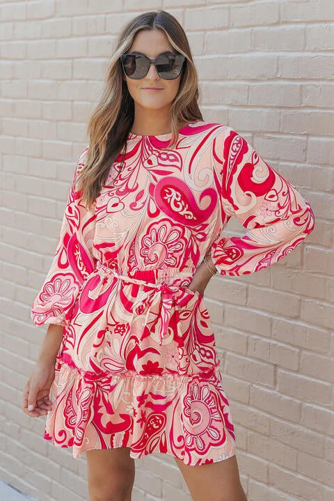 Metallic Bodysuits for a Glitzy and Glamorous Night OutPrinted Round Neck Frill Trim Dress