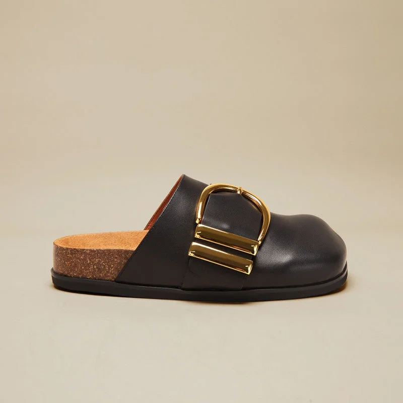 Retro Round Toe Mules with Metal Buckle