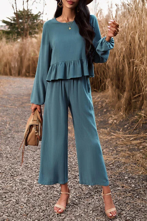 Long - Sleeve Bodysuits for Cold Weather LayeringRound Neck Peplum Top and Pants Set