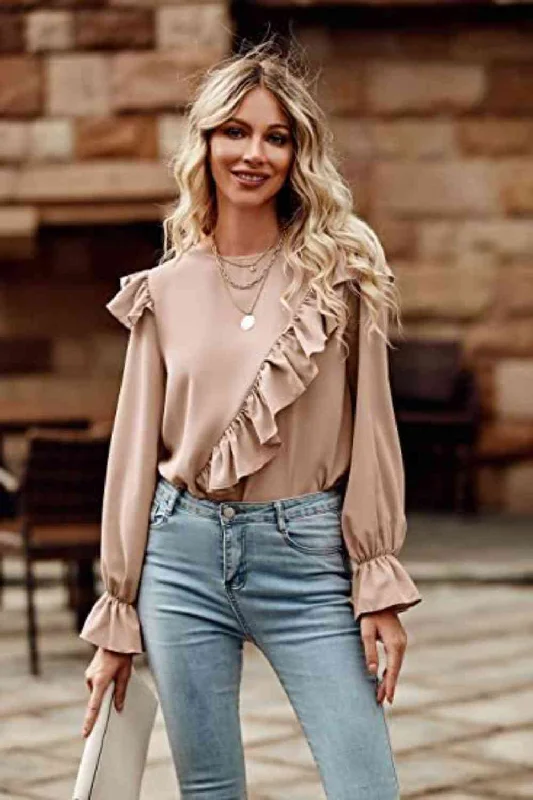 Compression Bodysuits for Post - Workout RecoveryRuffled Round Neck Long Sleeve Top