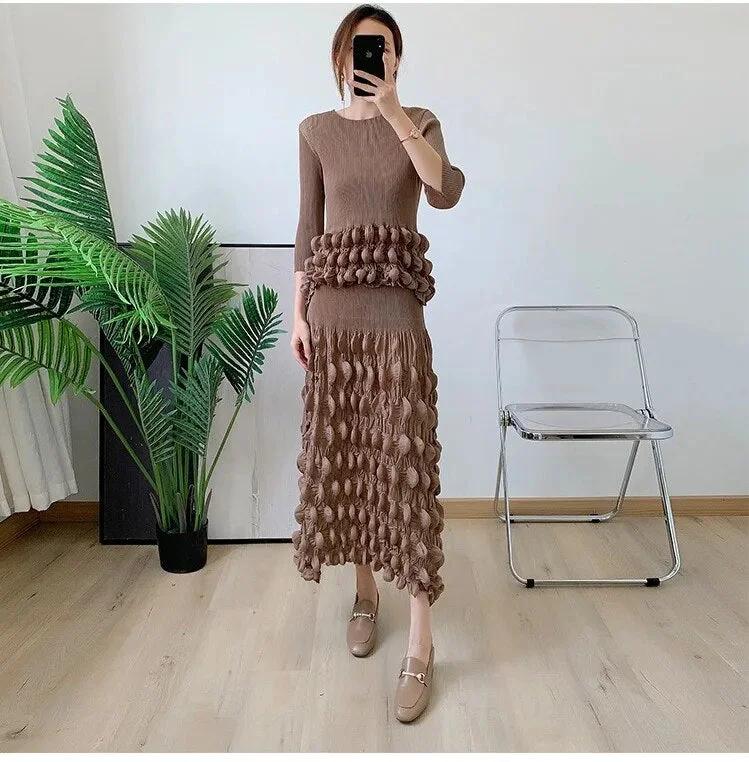 Long - Sleeve Bodysuits for Cold Weather LayeringMiyake Pleated Bubble Top and Midi Skirt Set