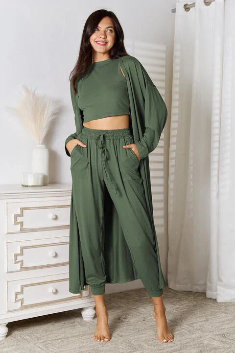 Maternity Bodysuits for Expecting Mothers' ComfortTank, Pants, and Cardigan Set with Pockets