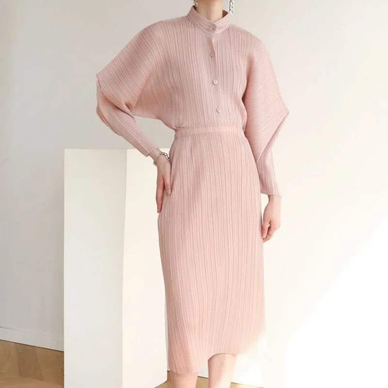 Button - Front Bodysuits with a Classic and Timeless AppealMiyake Pleated Horn Sleeve Shirt and Midi Skirt Set