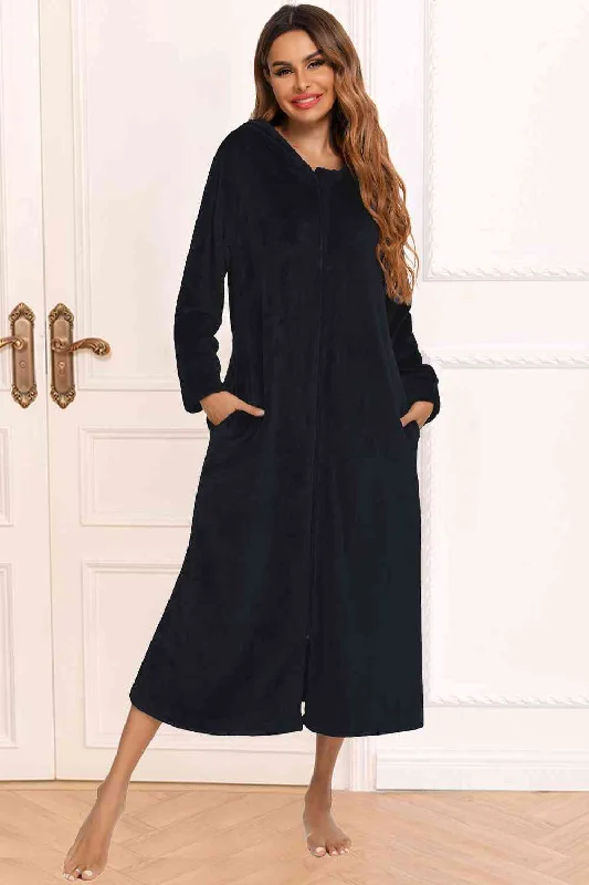 Sheer Bodysuits for a Seductive and Alluring OutfitZip Front Hooded Night Dress with Pockets