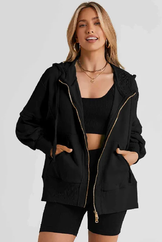 Convertible Straps Bodysuits for Multiple Styling OptionsZip Up Long Sleeve Drawstring Hoodie