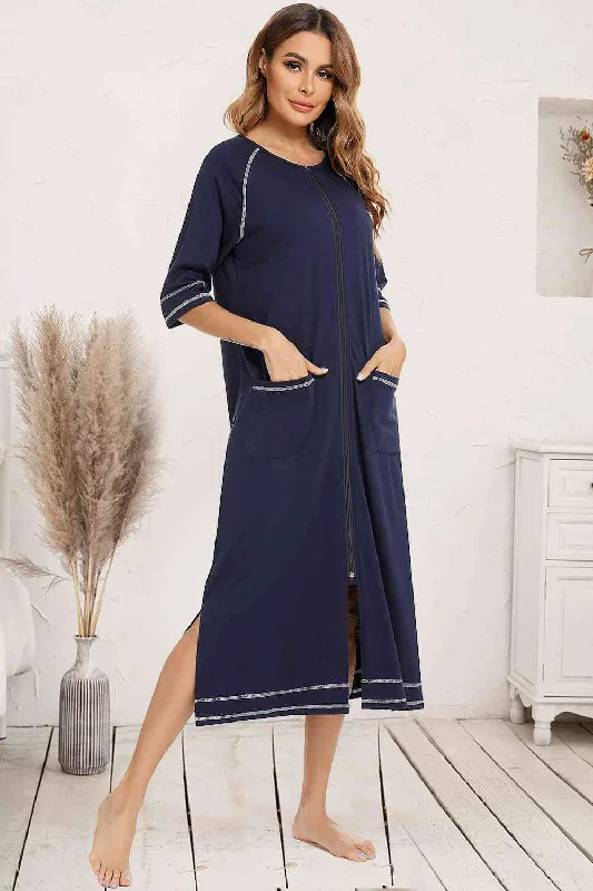 High - Neck Bodysuits for a Modest and Sophisticated LookZip Up Slit Round Neck Night Dress with Pockets